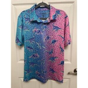 Chubbies The Dino Delight Performance Polo Shirt Size M Dinosaur Blue Pink